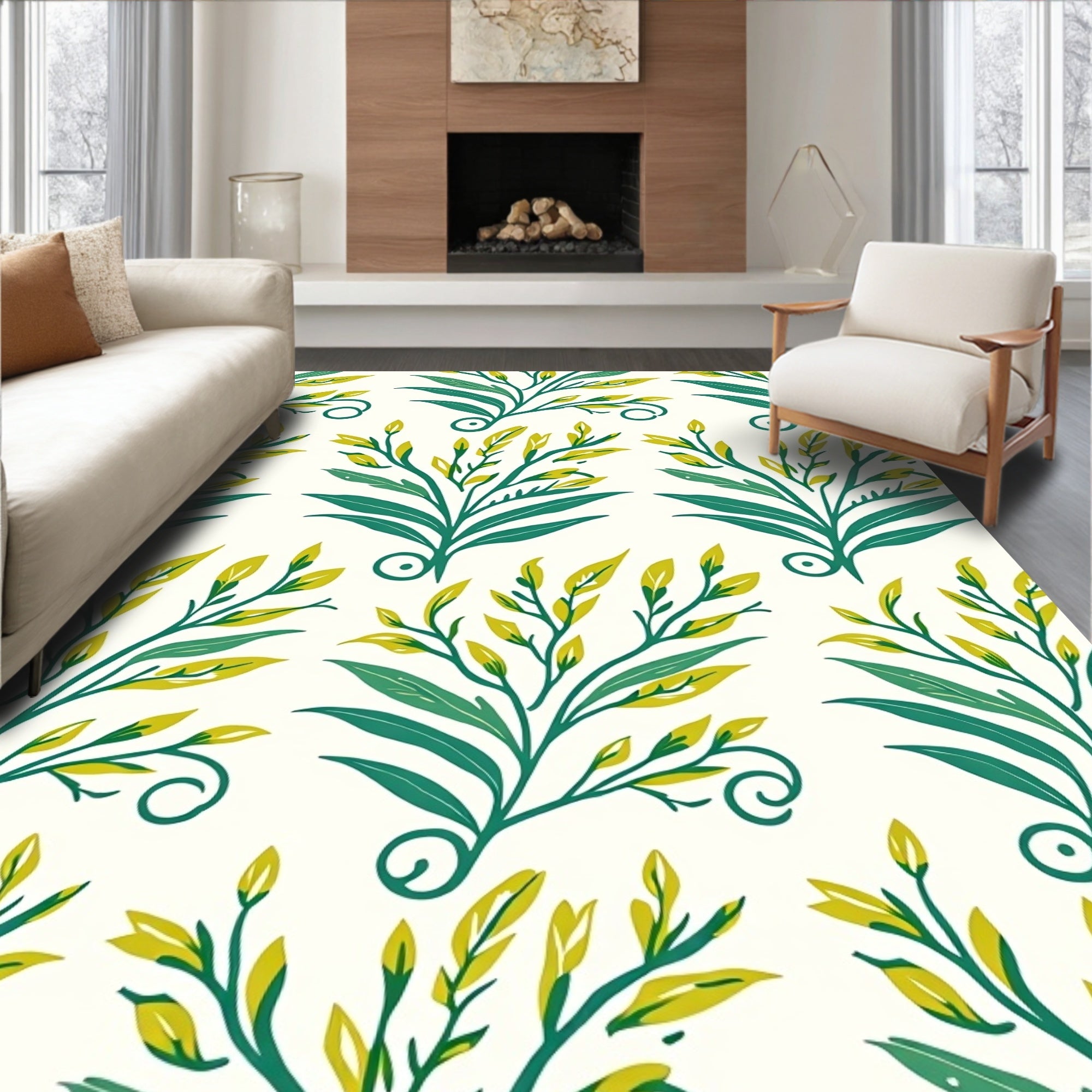 Teal Yellow Floral Vine Pattern Rug