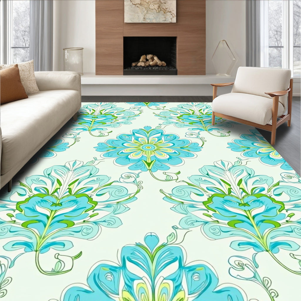 Aqua Teal Floral Damask Pattern Rug