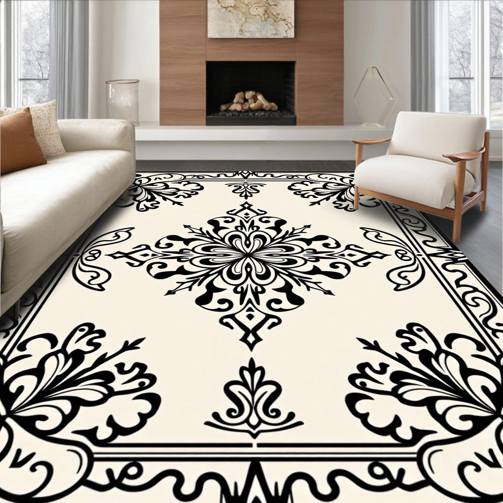 Classic Arabesque Black Ivory Tiled Pattern Rug