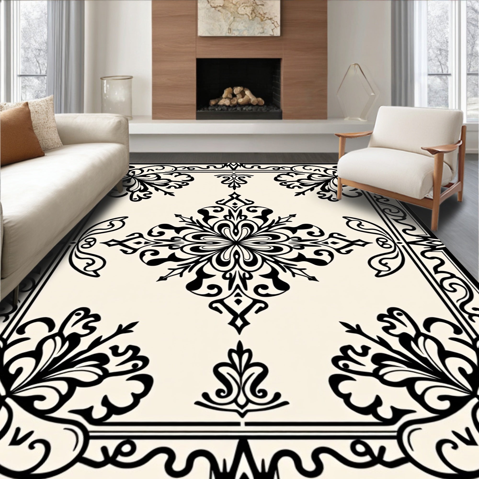 Classic Arabesque Black Ivory Tiled Pattern Rug