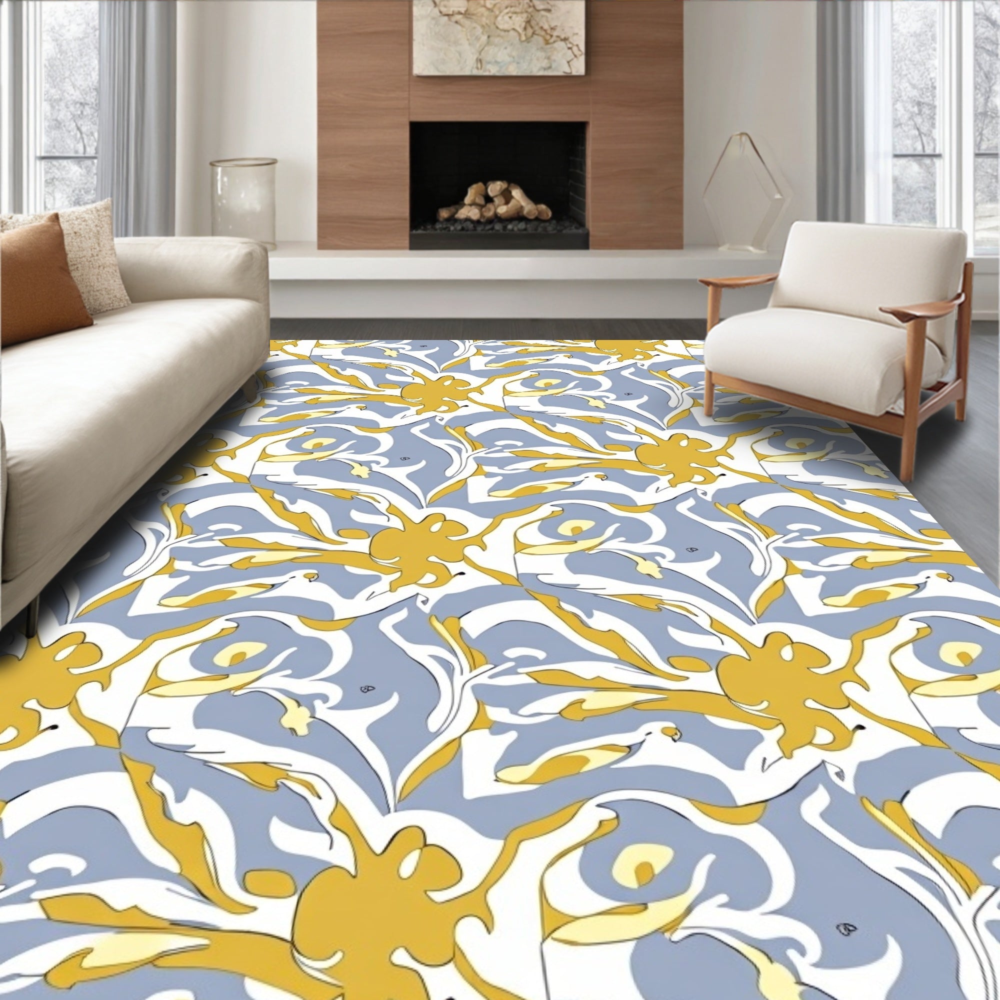Gold White Blue Abstract Swirl Rug