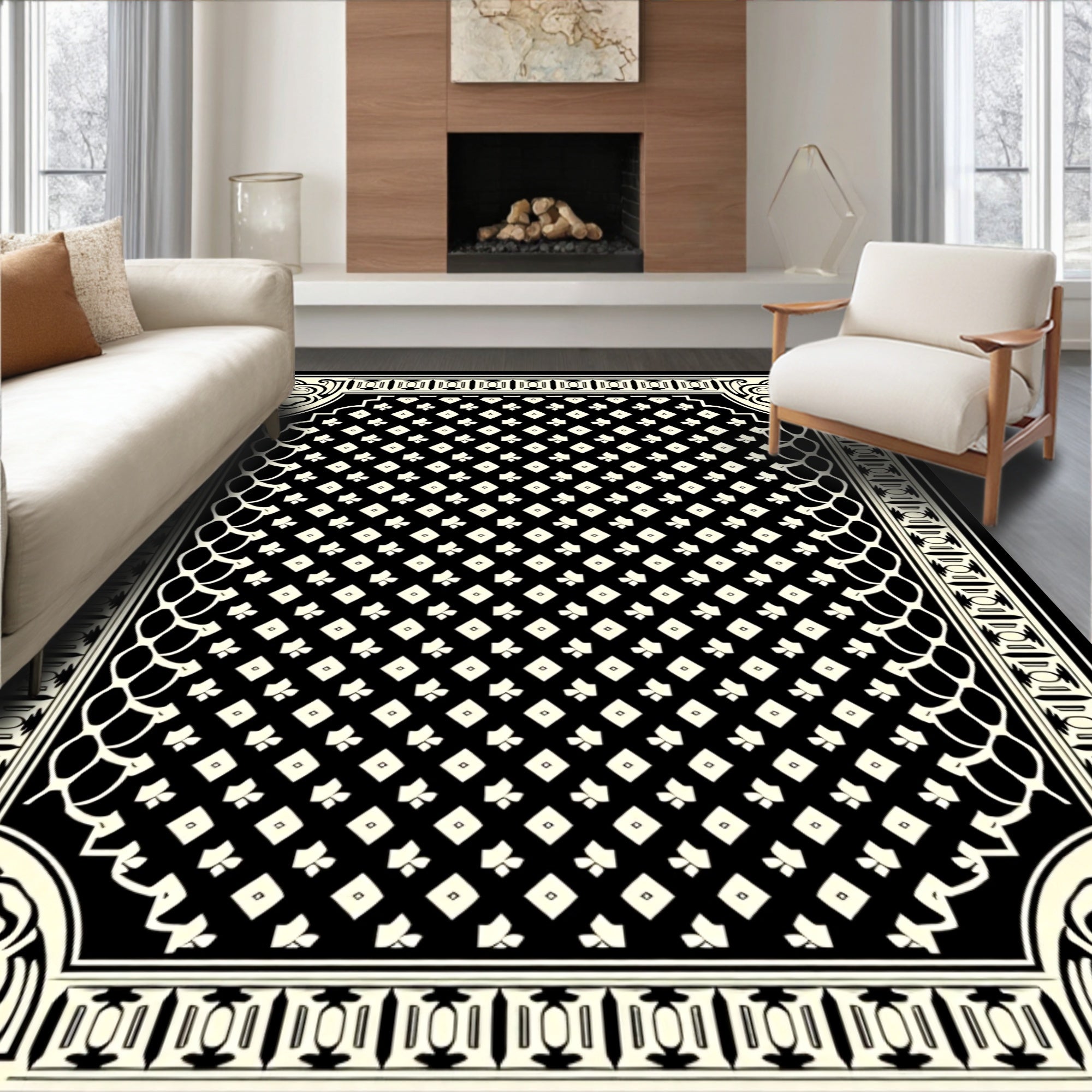 Bold Black Cream Diamond Swirl Rug