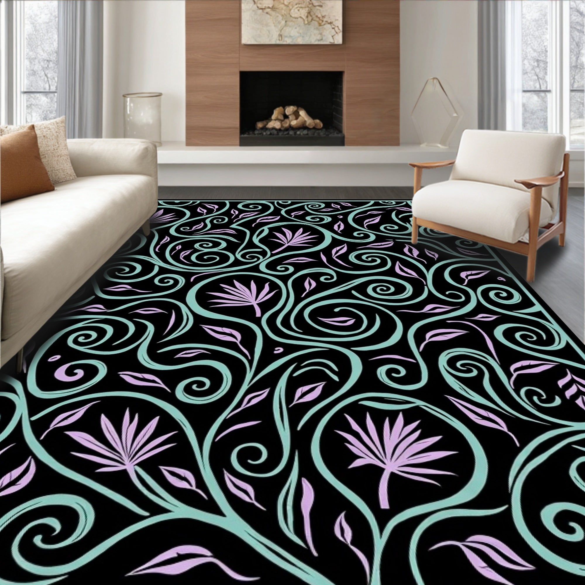 Ornate Swirling Vine Pattern Rug