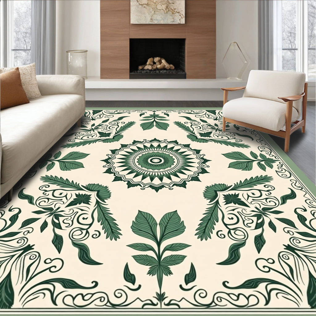 Green Leaf Mandala and Scroll Design Rug