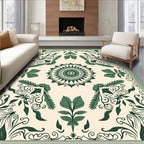 Green Leaf Mandala and Scroll Design Rug