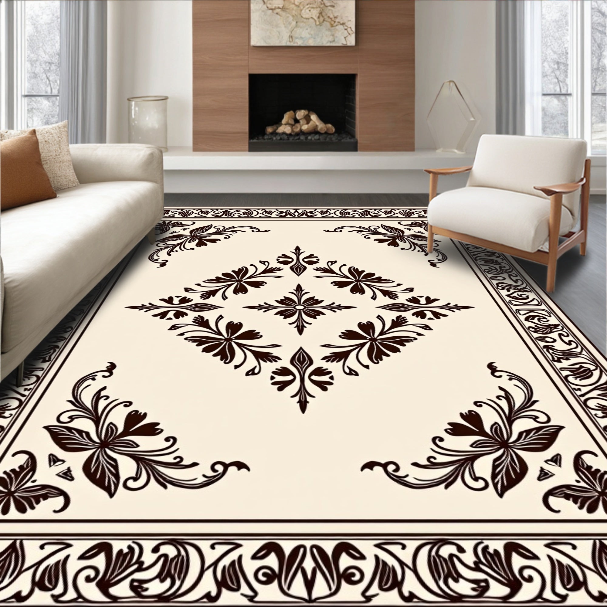 Ornate Floral Diamond Border Design Rug