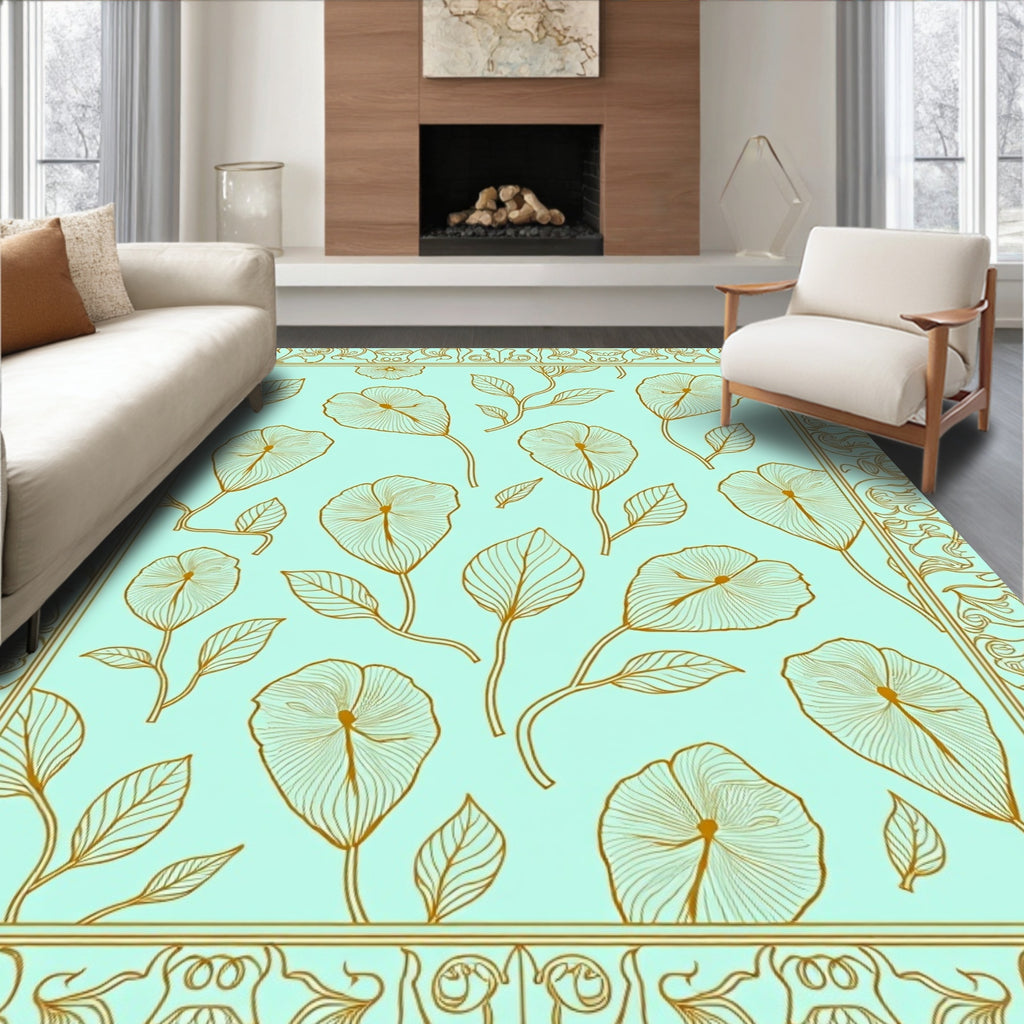 Golden Floral Outline With Mint Background Rug