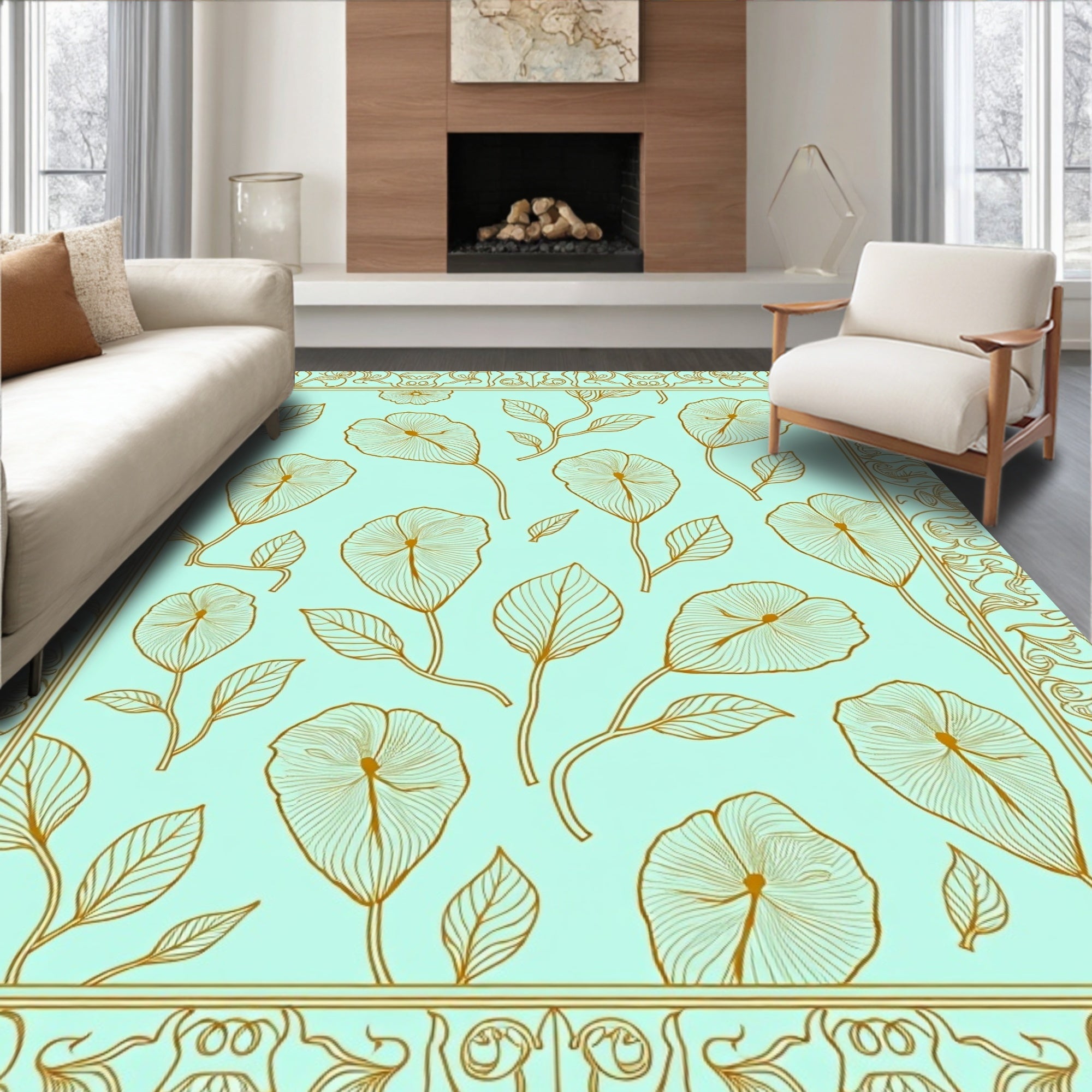 Golden Floral Outline With Mint Background Rug
