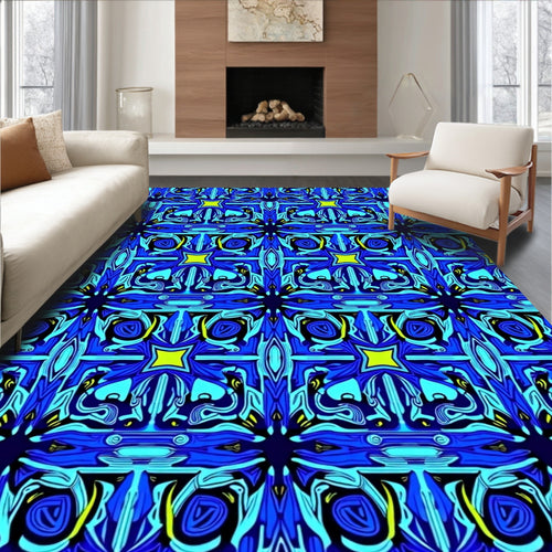 Abstract Blue Yellow Geometric Pattern Rug