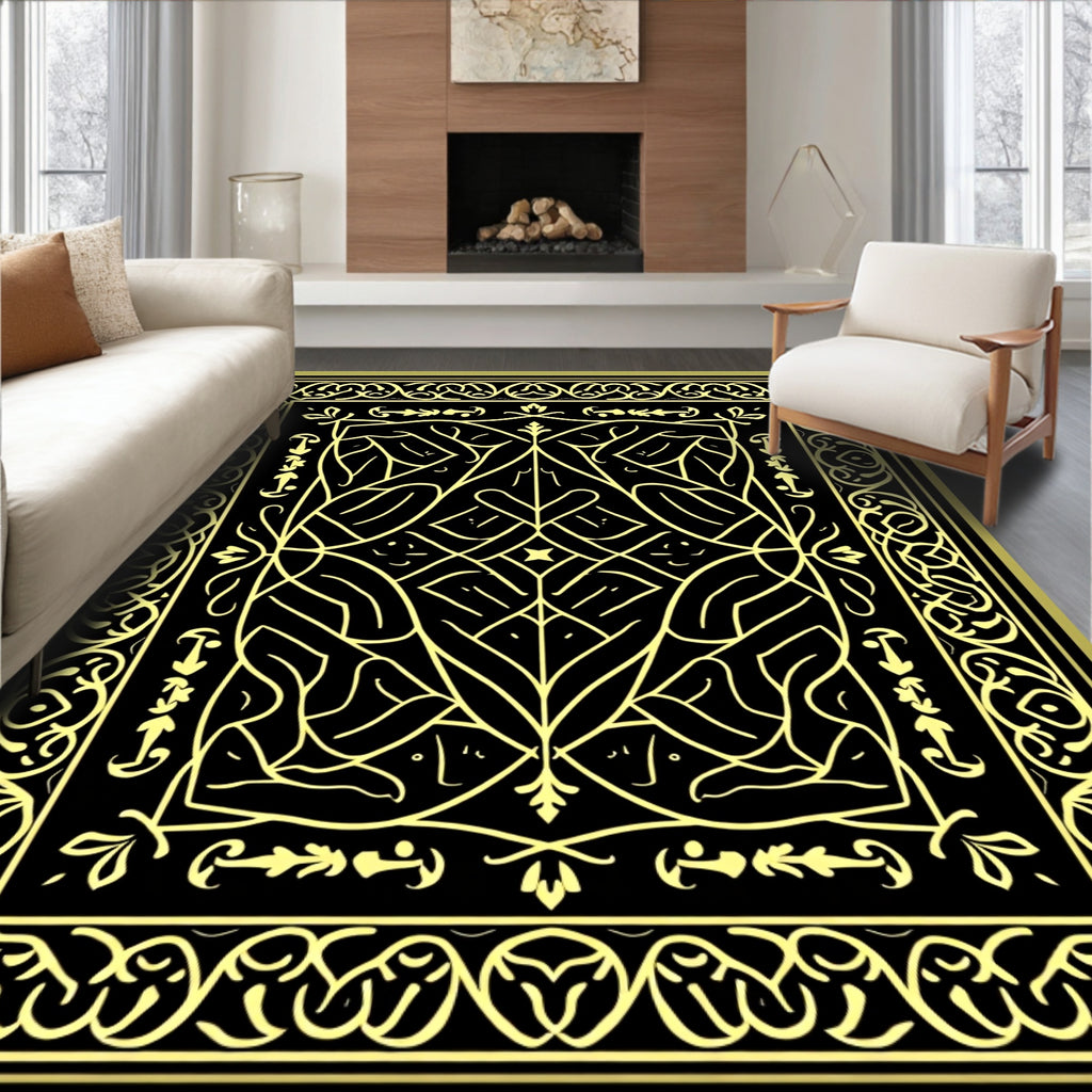Intricate Golden Black Intertwined Pattern Rug