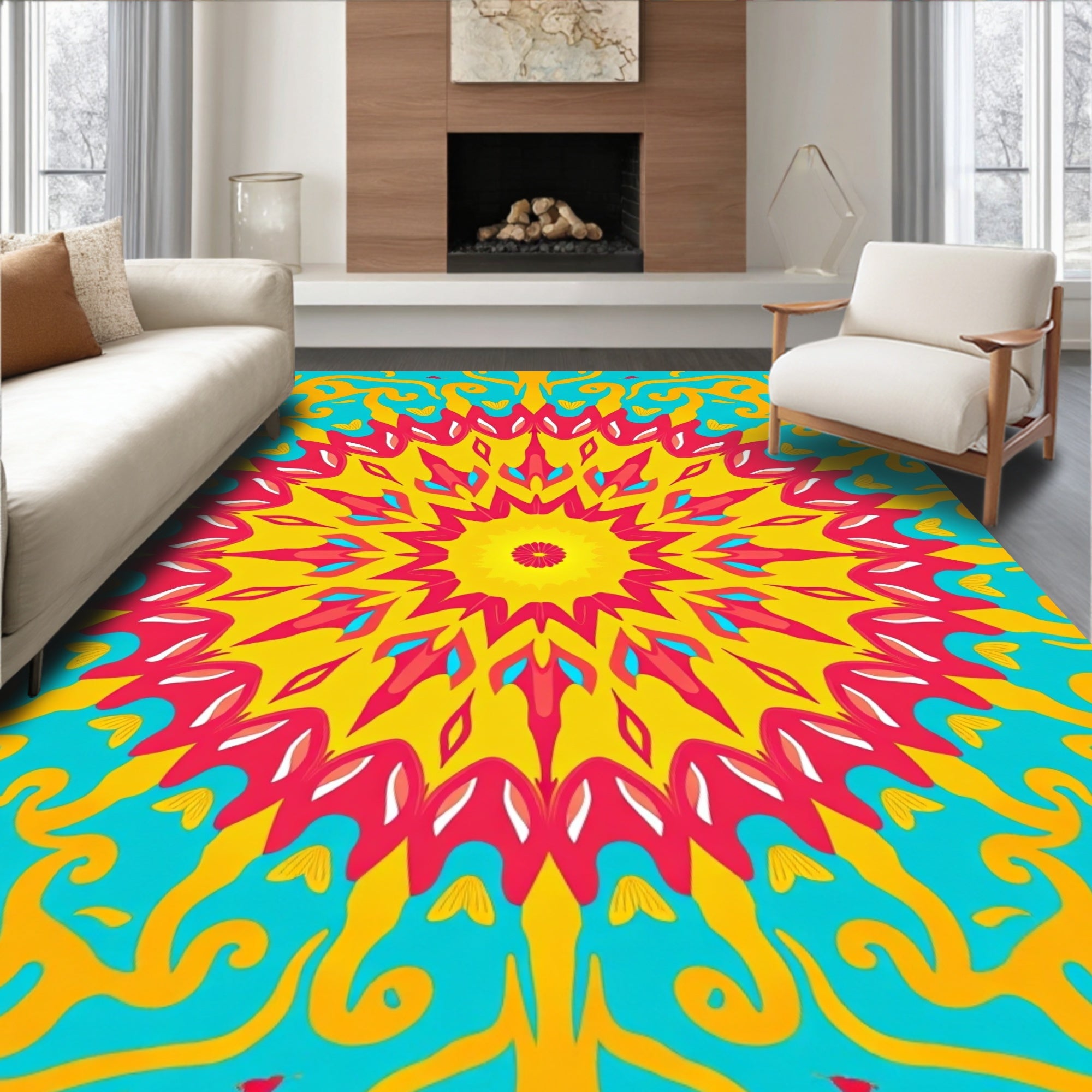 Radiant Sunburst Mandala Design With Swirls Rug