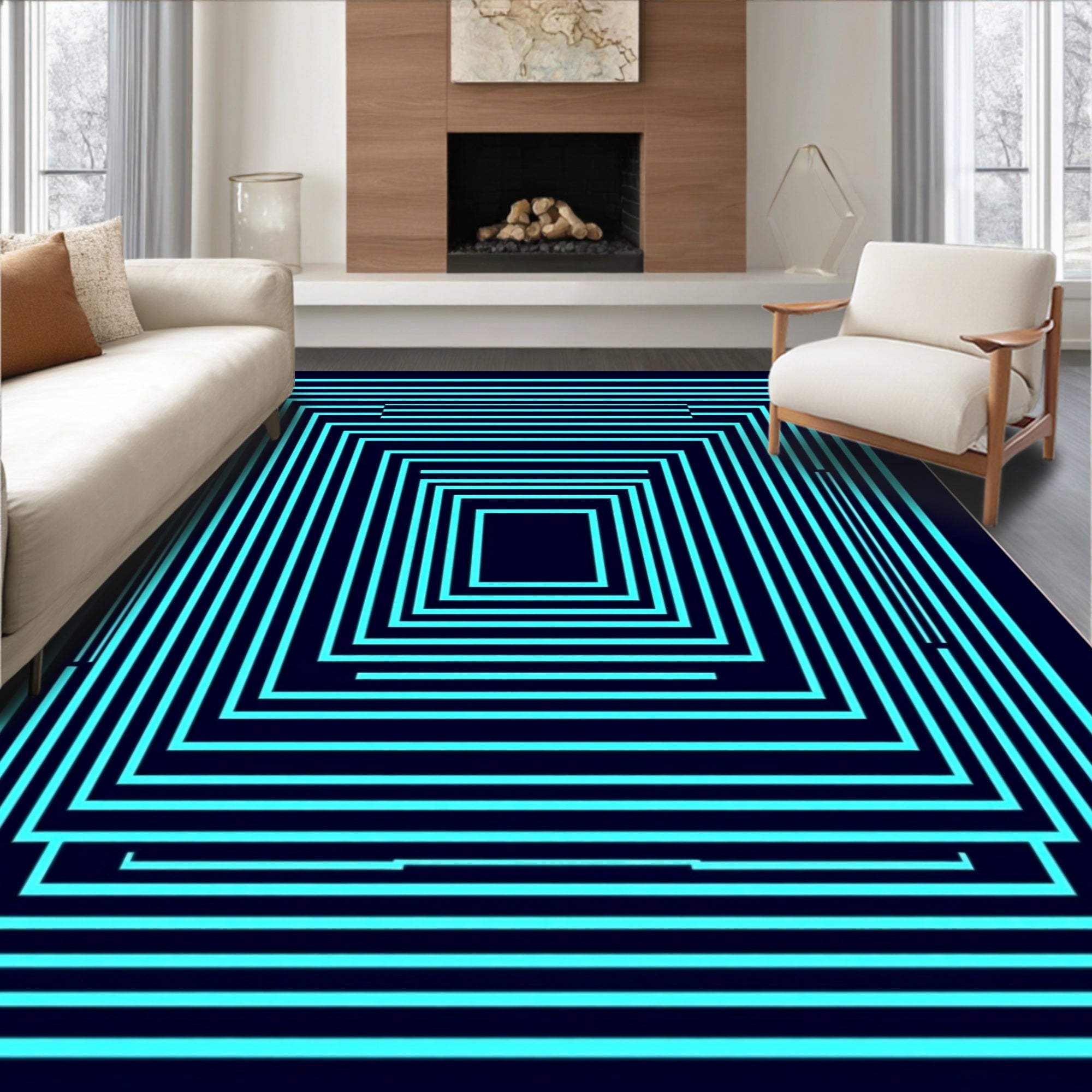 Abstract Cyan Square Pattern Rug