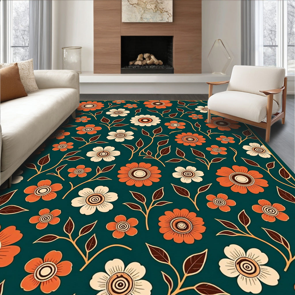 Warm Orange Cream Floral Pattern Rug