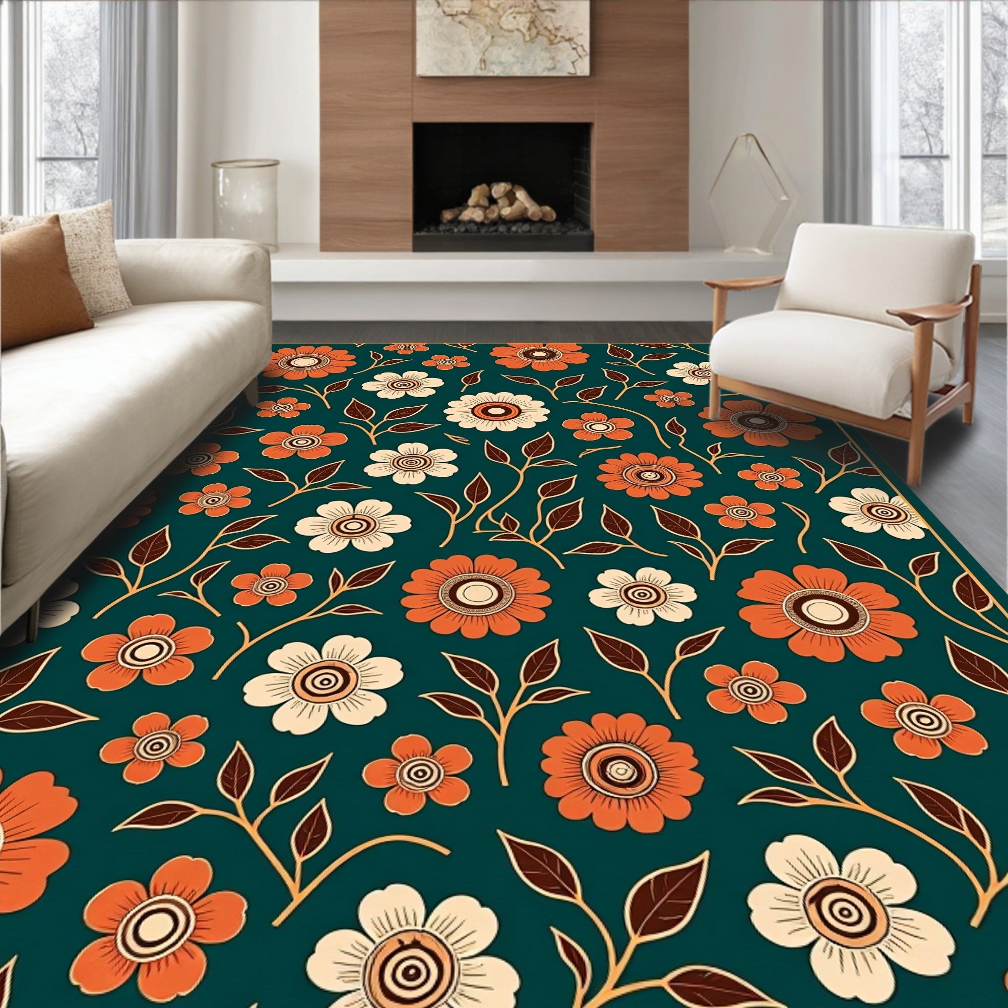 Warm Orange Cream Floral Pattern Rug