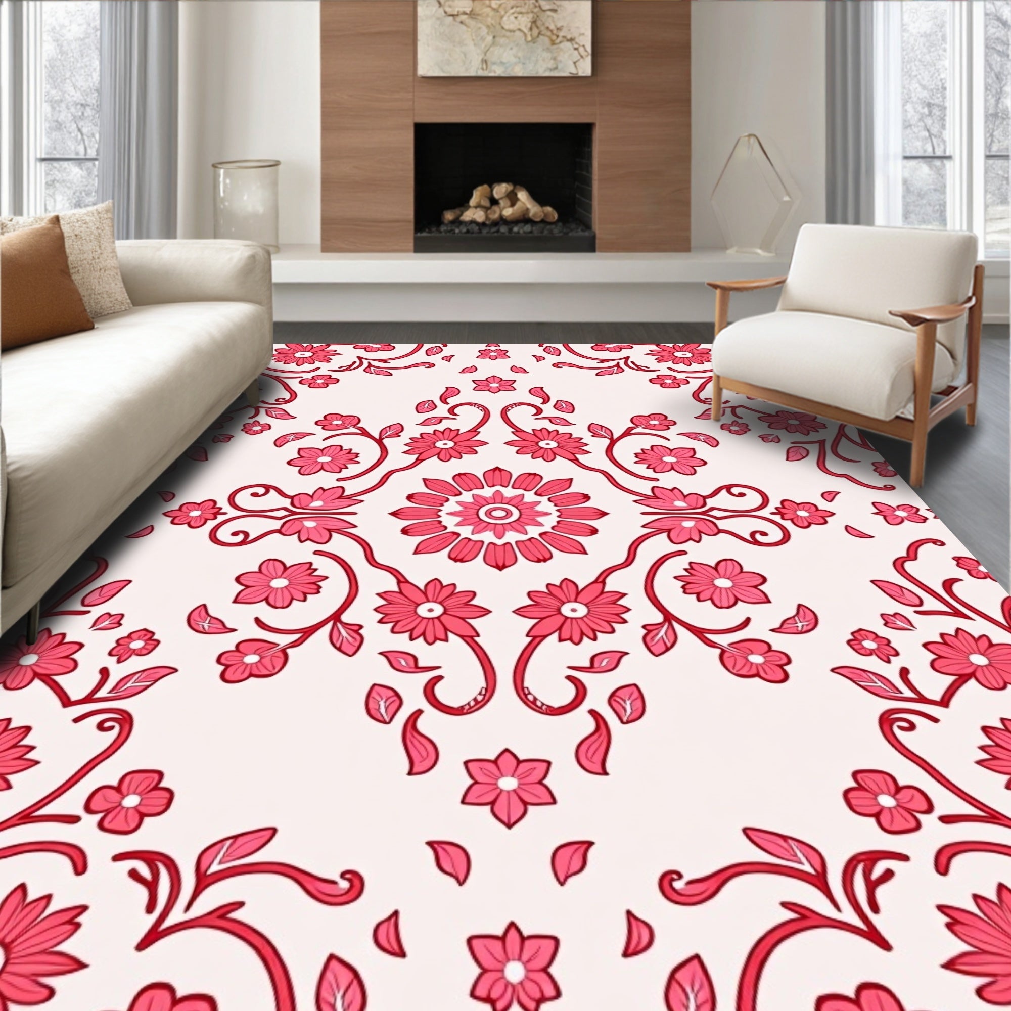 Pink Floral Vines Contemporary Rug