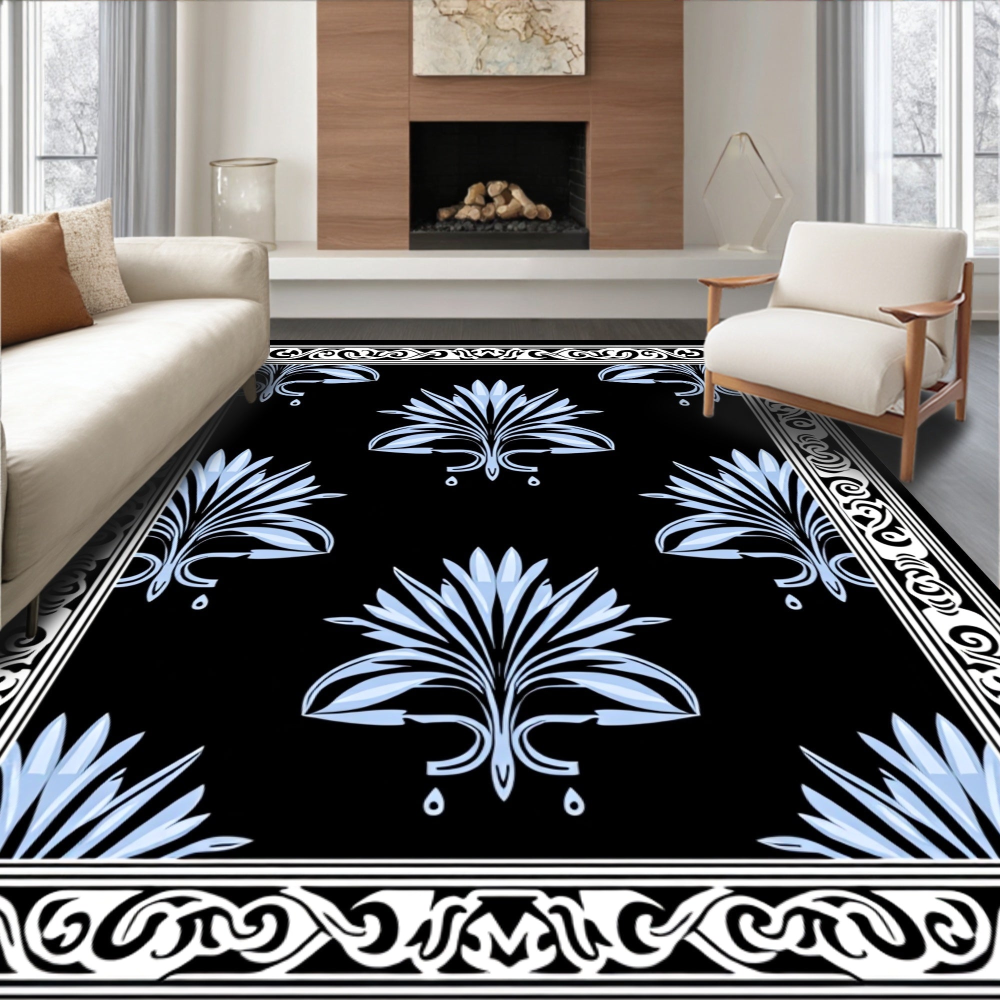 Art Deco Floral Patterned Black Rug