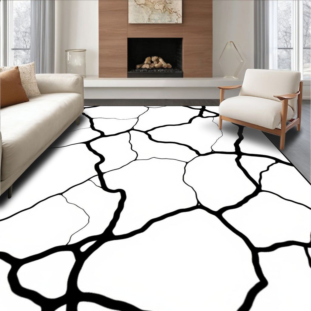 Cracked Linework Abstract Monochrome Design Rug