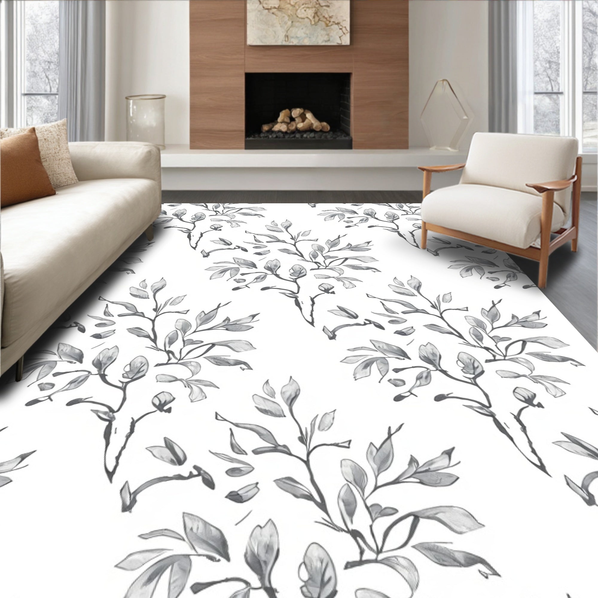 Gray Botanical Branch Pattern Rug