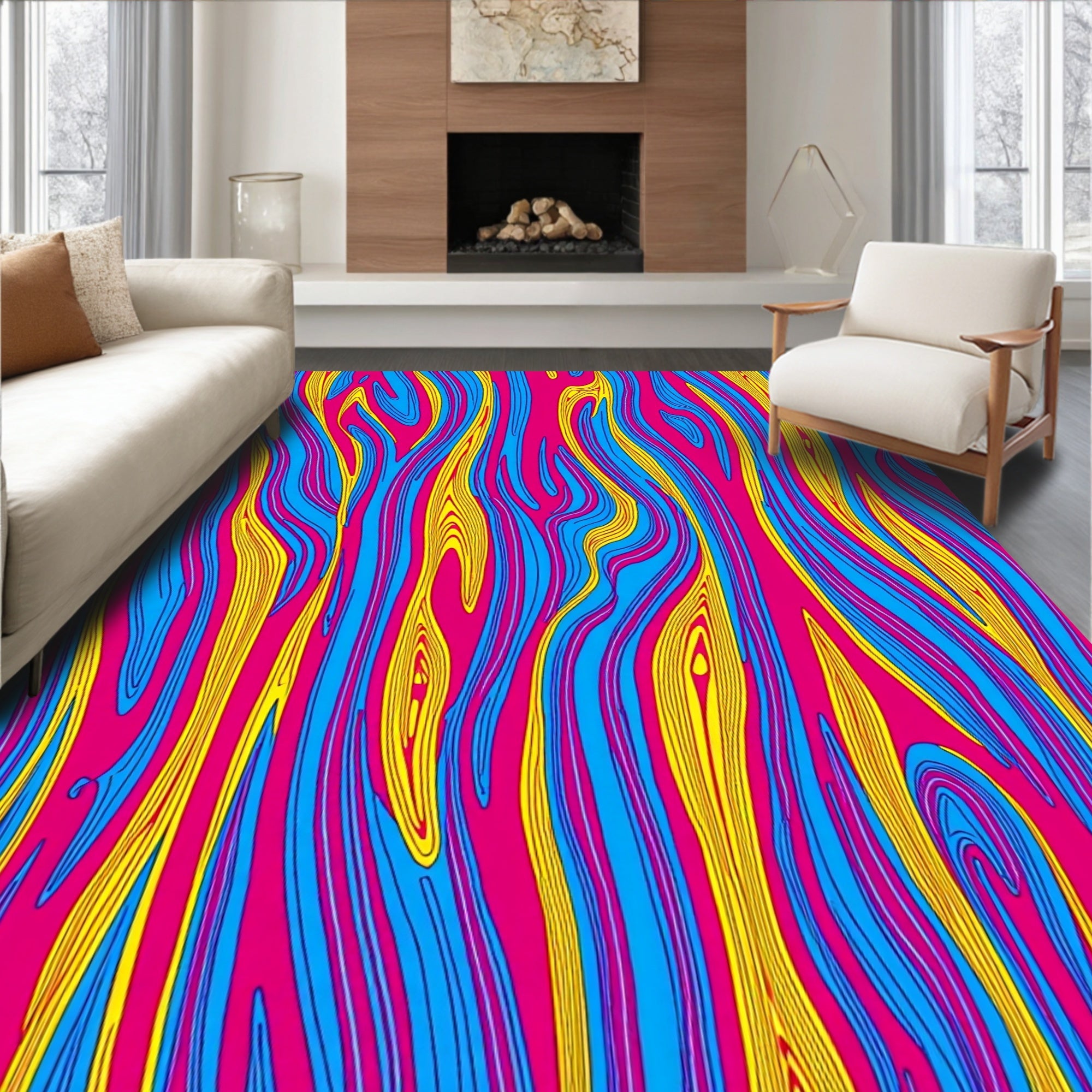 Vibrant Pink Blue Abstract Flow Rug