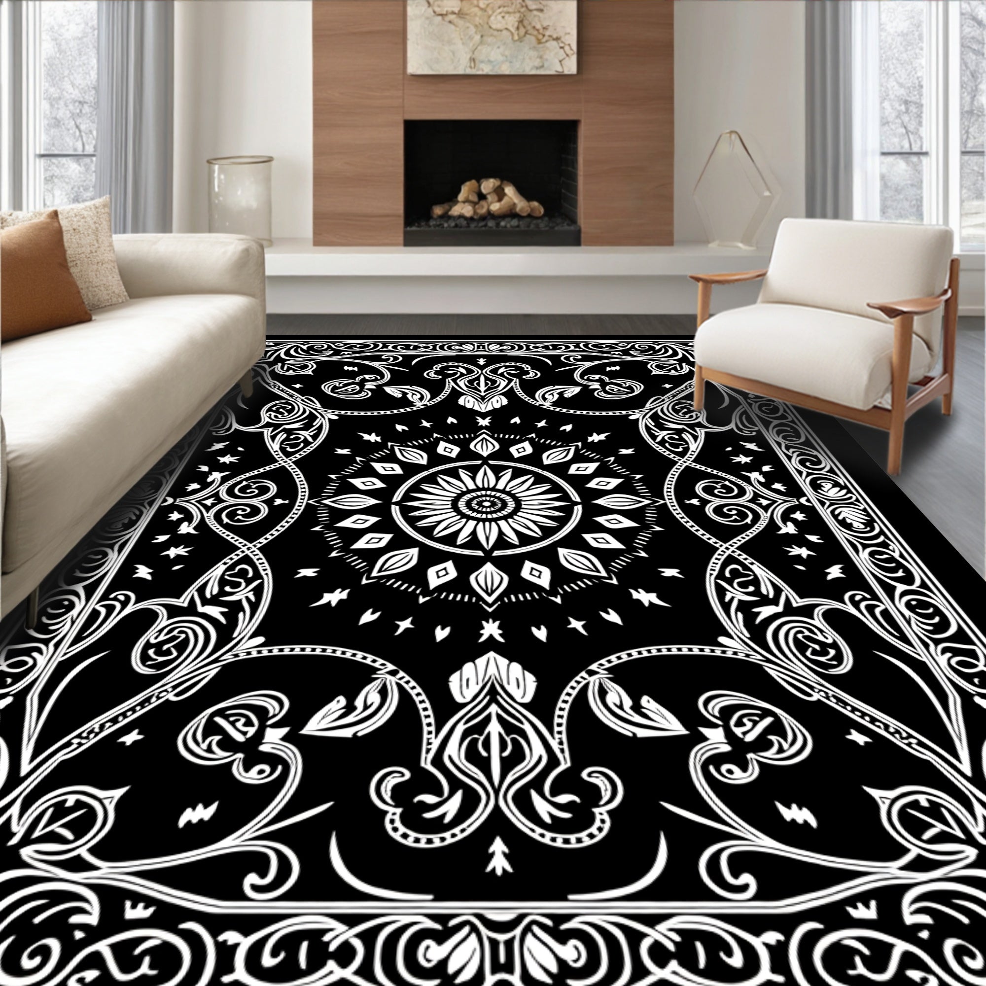 Black White Mandala Floral Design Rug