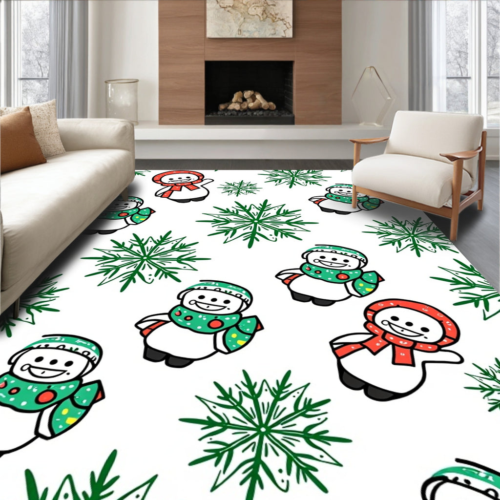Playful Snowman With Green Snowflakes Rug