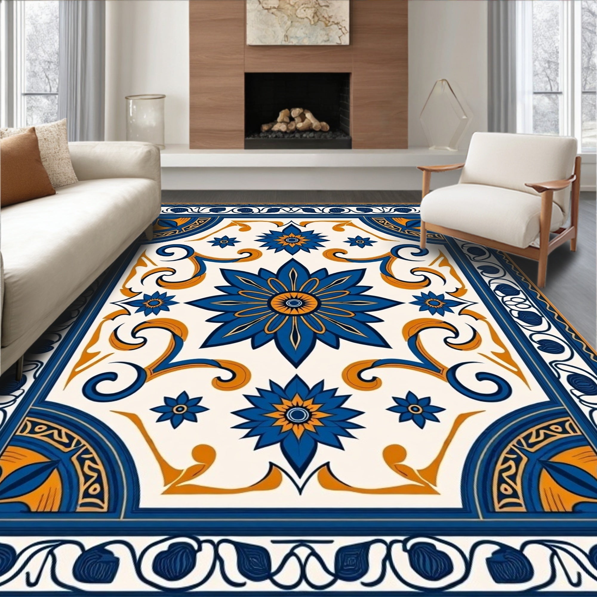 Central Floral Scrollwork Design Rug