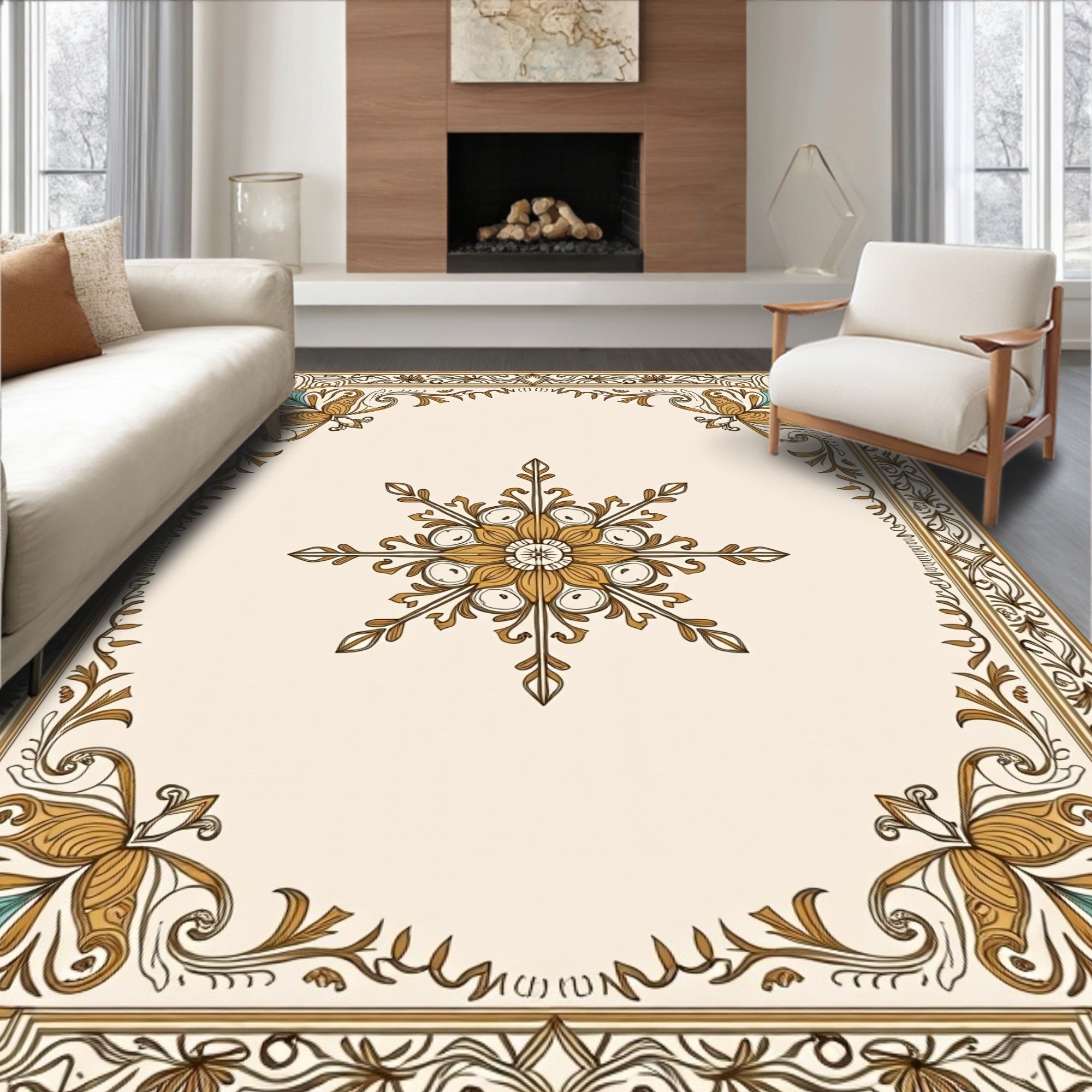 Golden Floral Swirl Border Design Rug