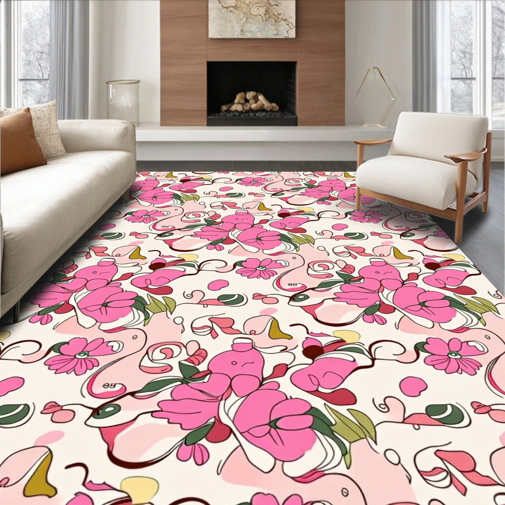 Pink Floral Swirl Artistic Pattern Rug