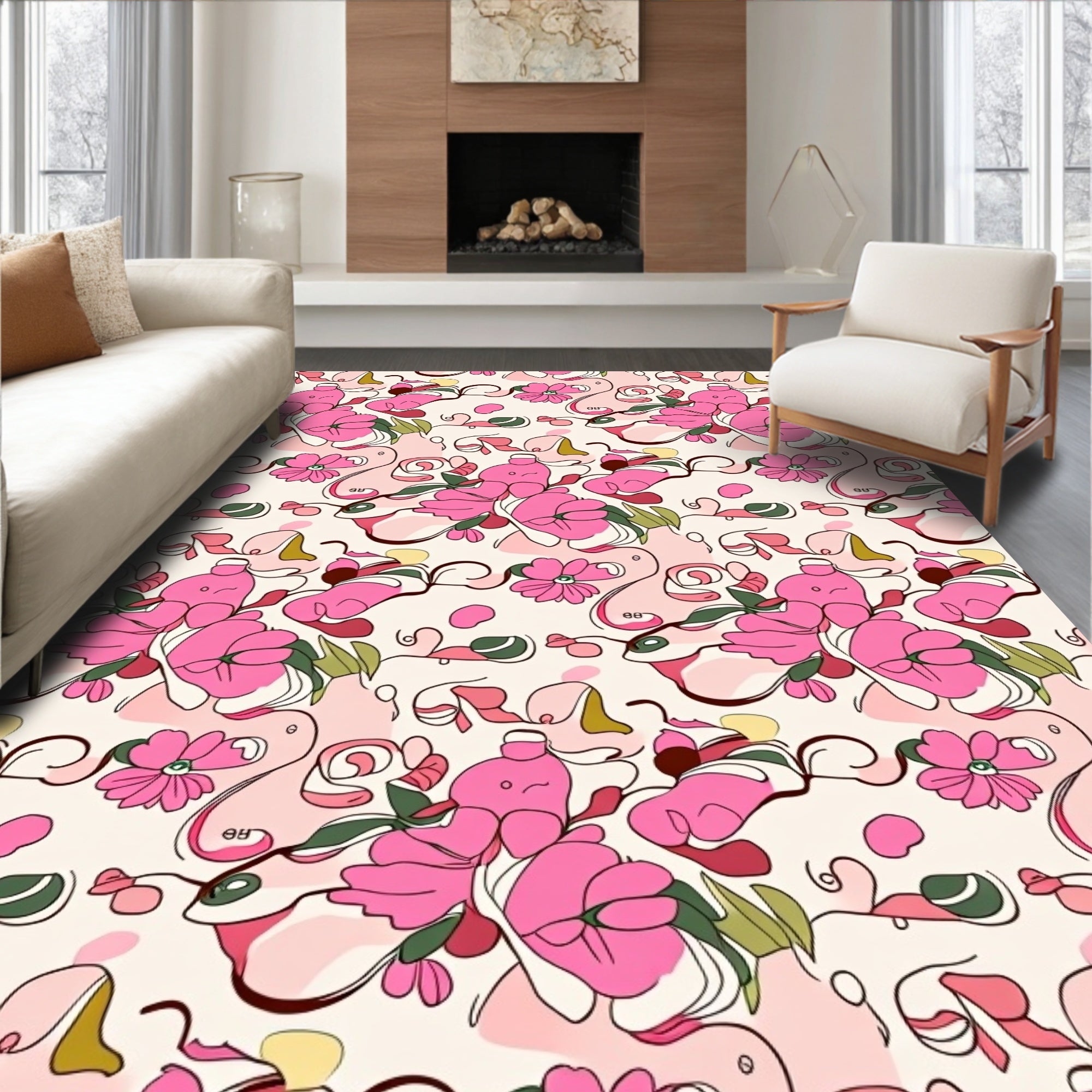 Pink Floral Swirl Artistic Pattern Rug