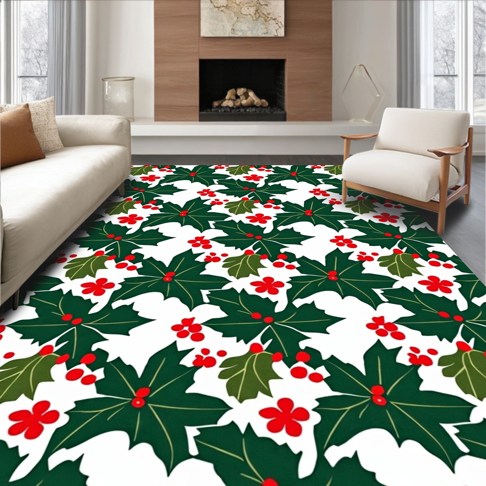 Festive Holly Berry Leaf Pattern Rug