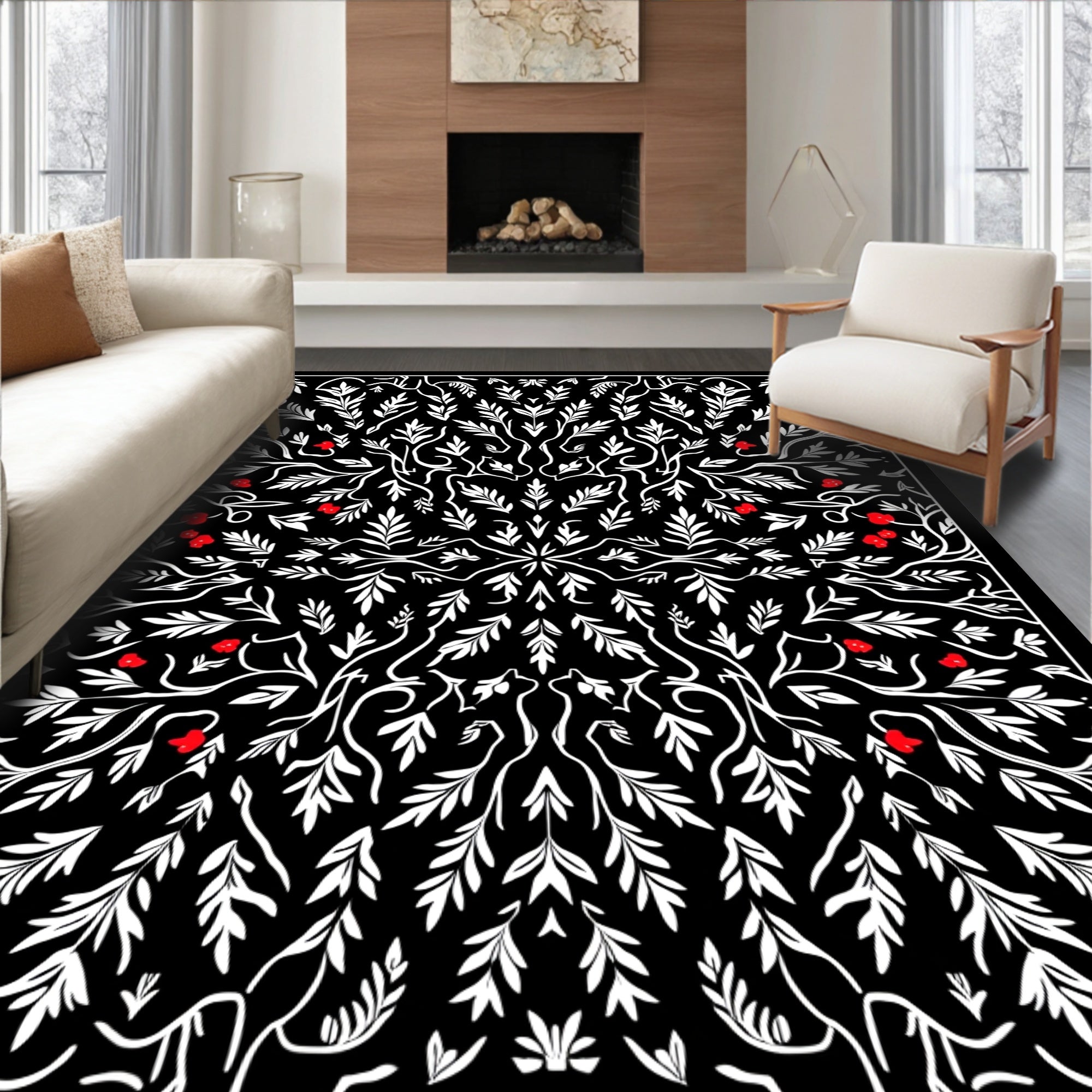Black White Red Floral Vine Medallion Rug