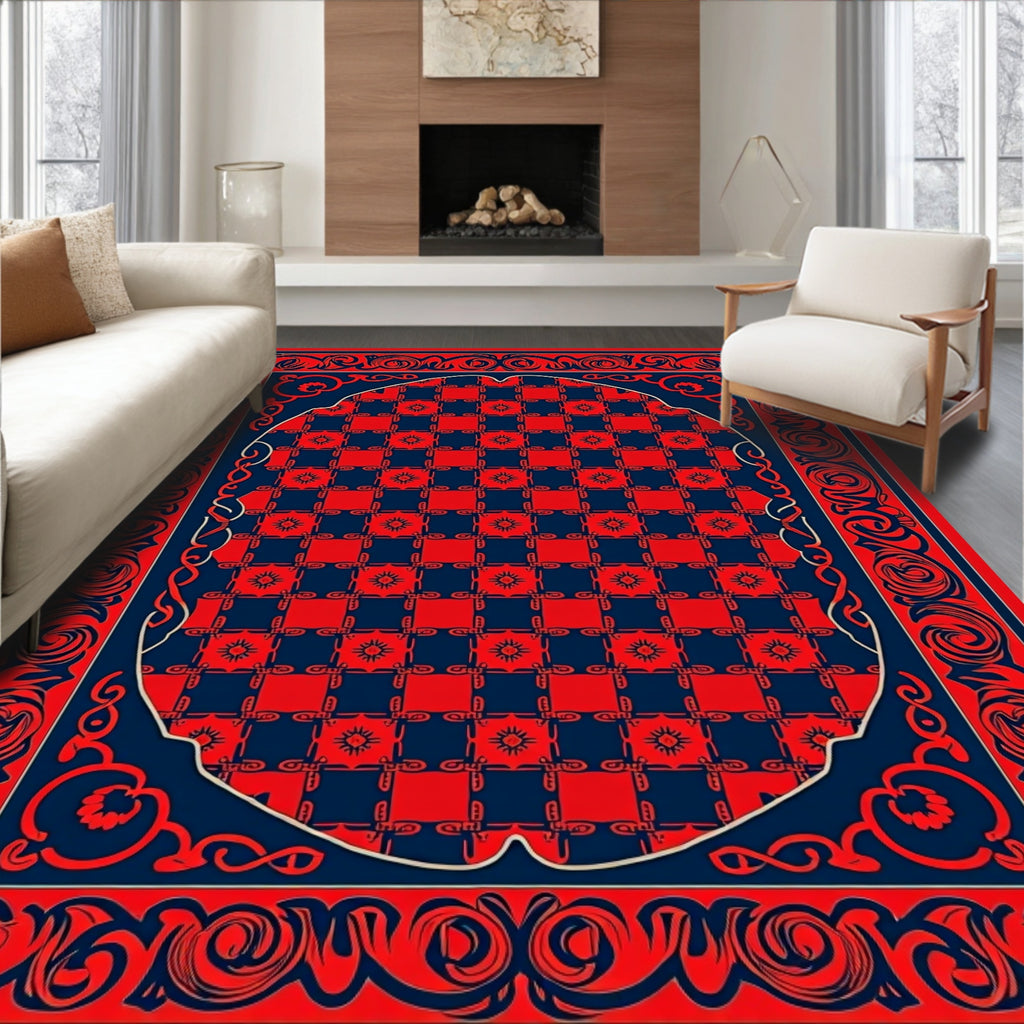 Red Blue Ornate Checkerboard Pattern Rug