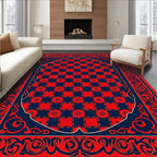 Red Blue Ornate Checkerboard Pattern Rug