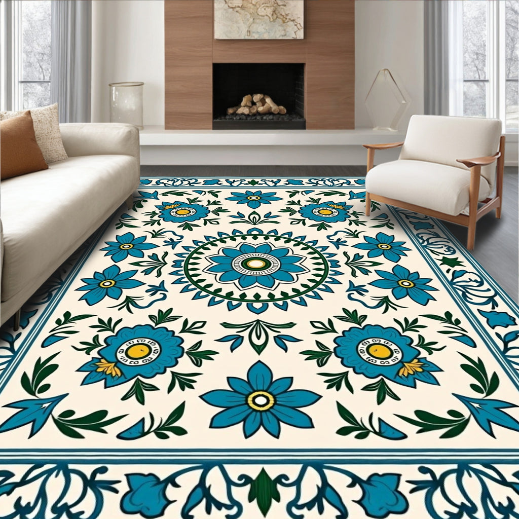 Turquoise Floral Medallion Border Rug