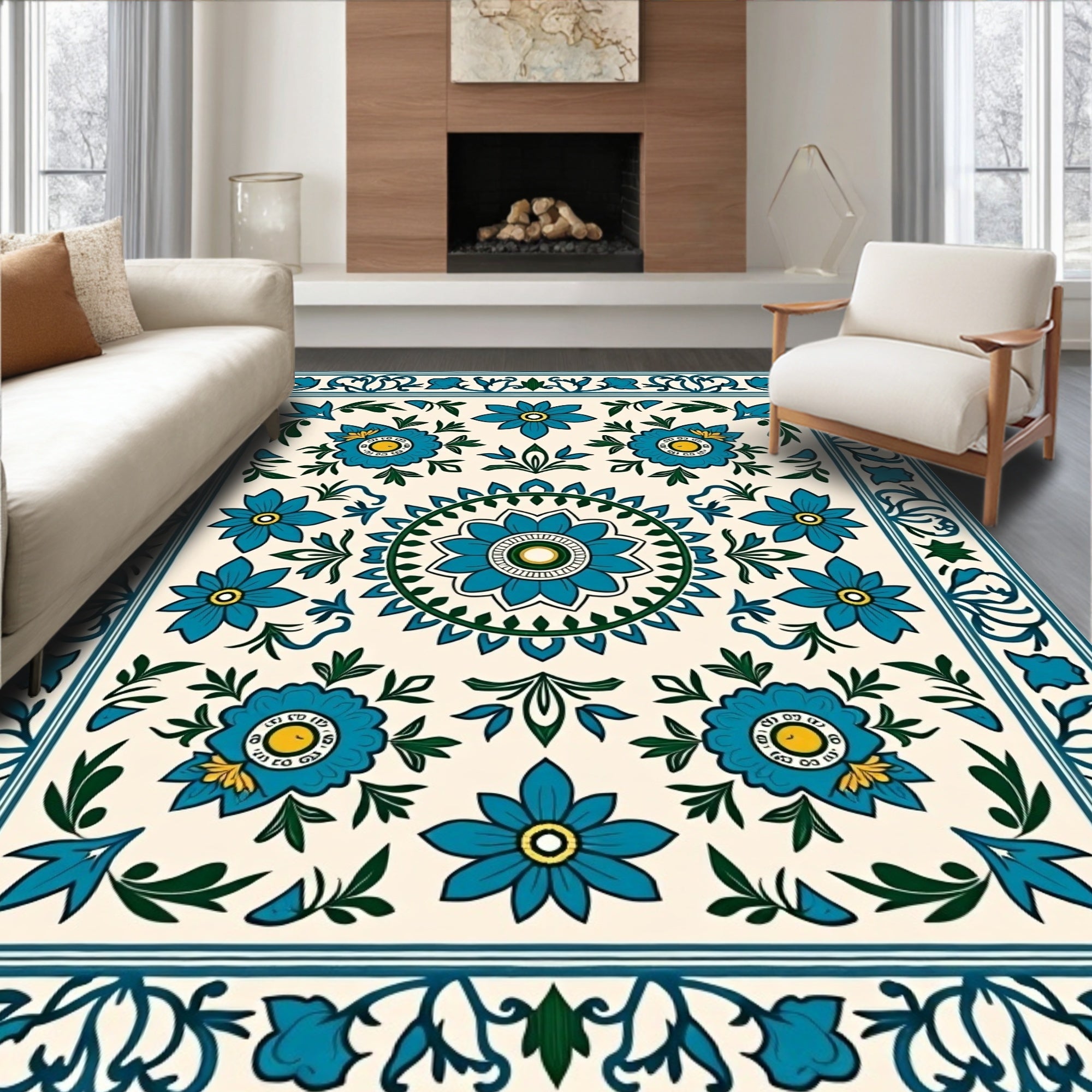 Turquoise Floral Medallion Border Rug