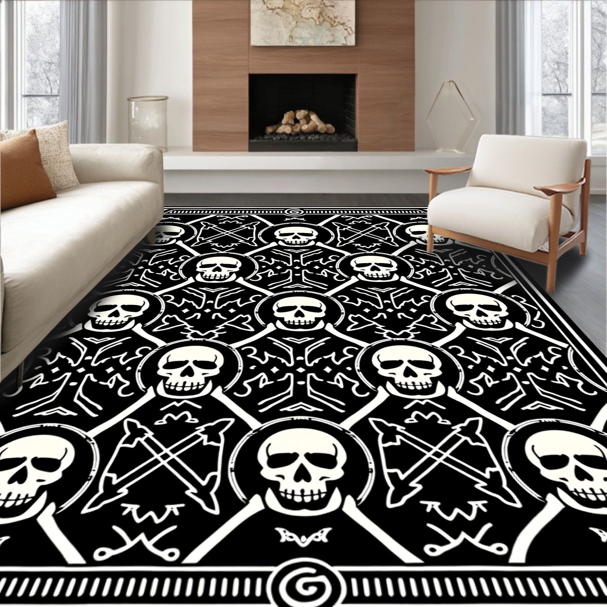 Macabre Black White Skull Repeat Rug