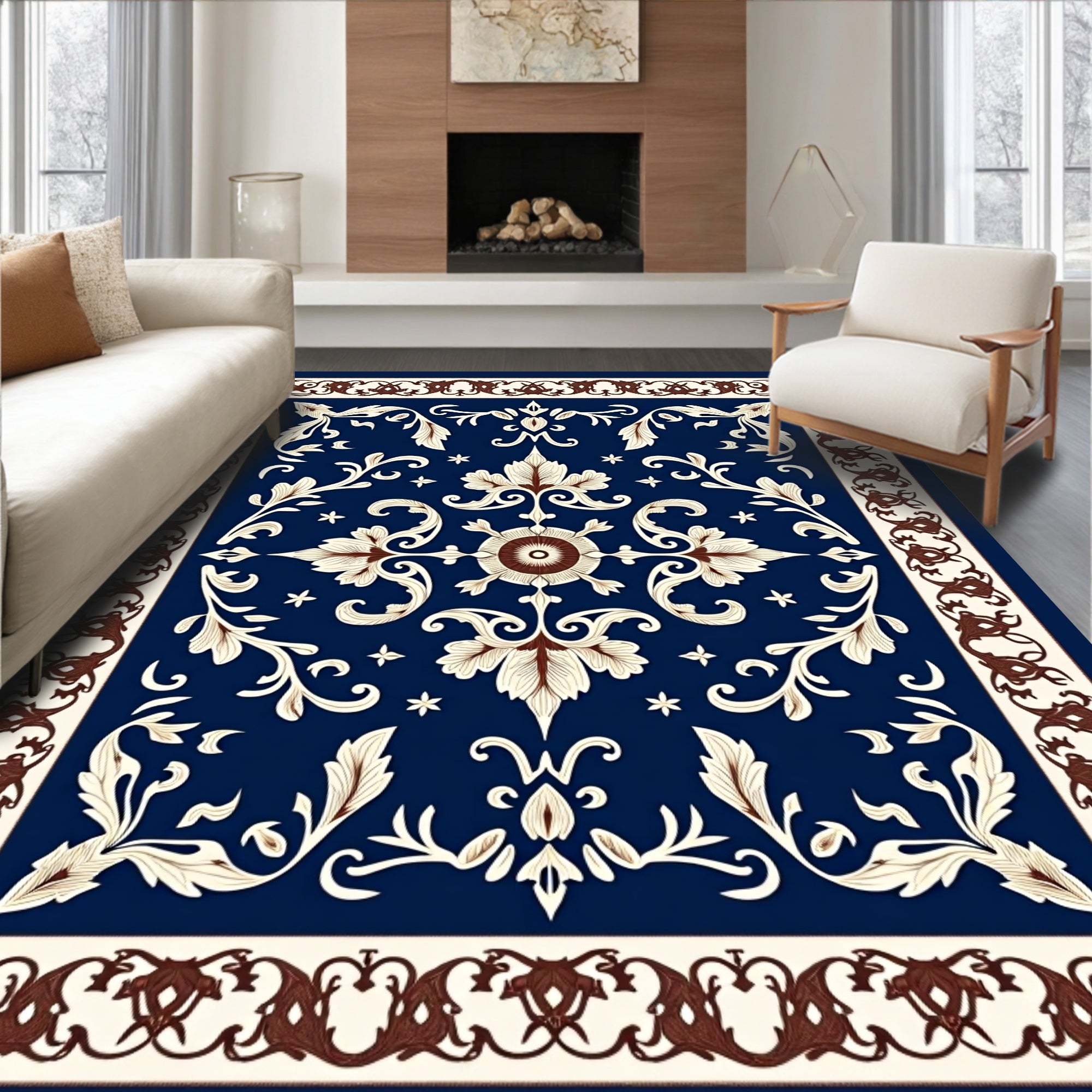 Ornate Indigo Floral Medallion Design Rug
