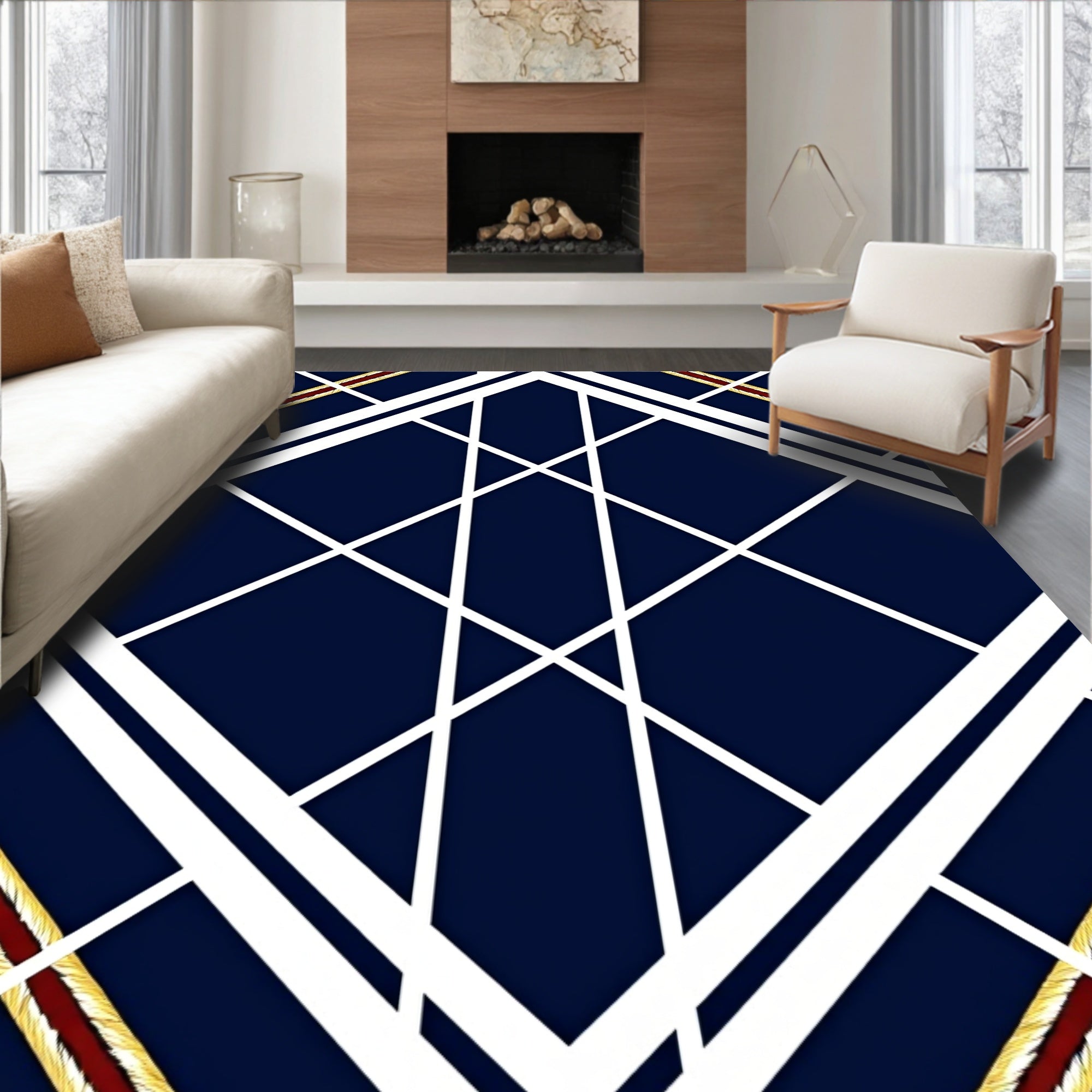 Bold Geometric White Navy Lines Rug