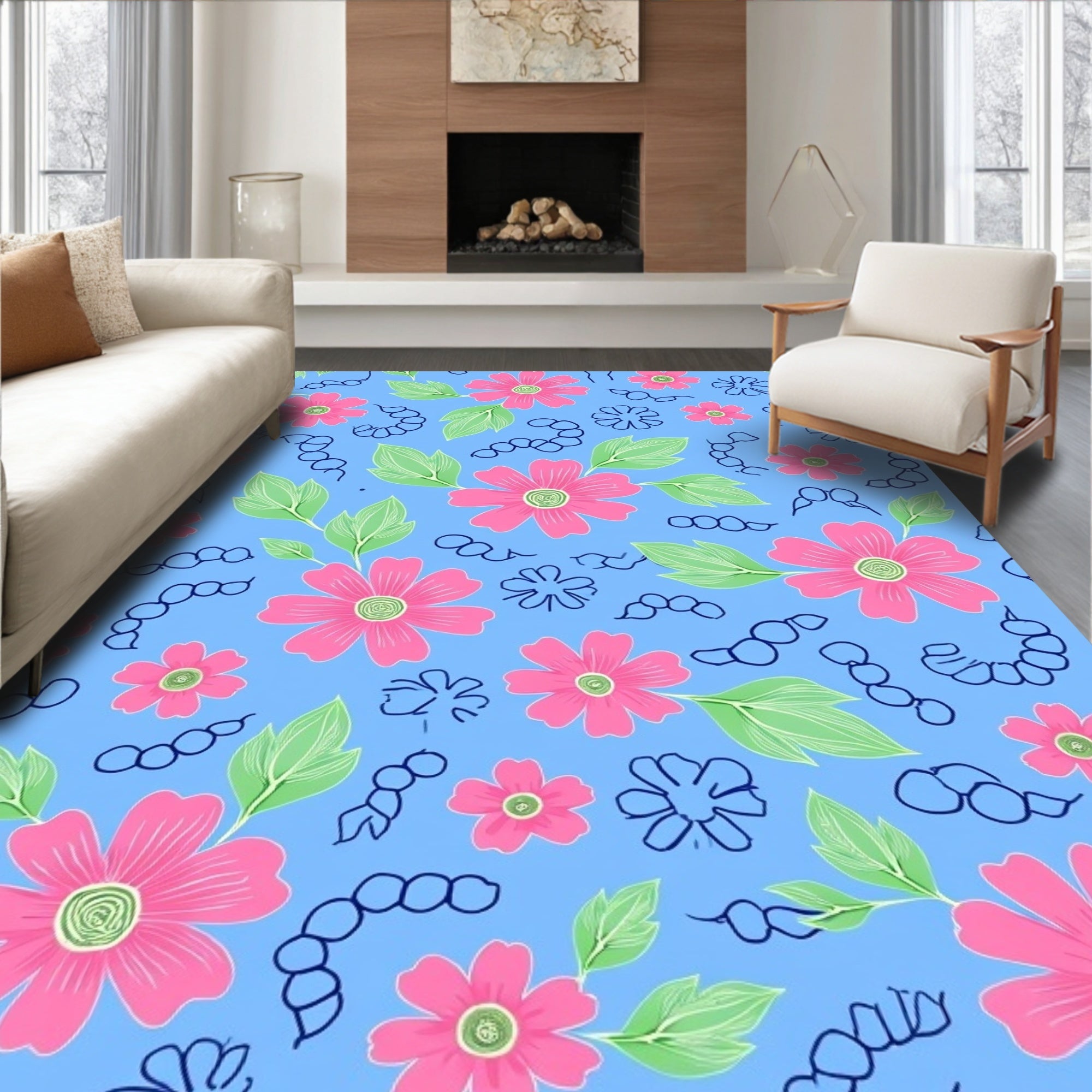 Pink Floral Leaf Pattern Rug