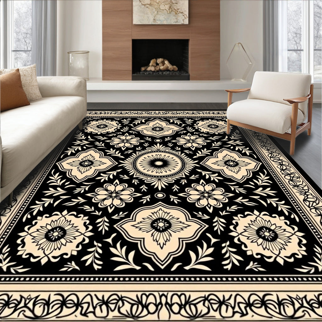 Classic Black Beige Floral Medallion Rug