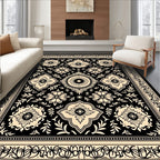 Classic Black Beige Floral Medallion Rug