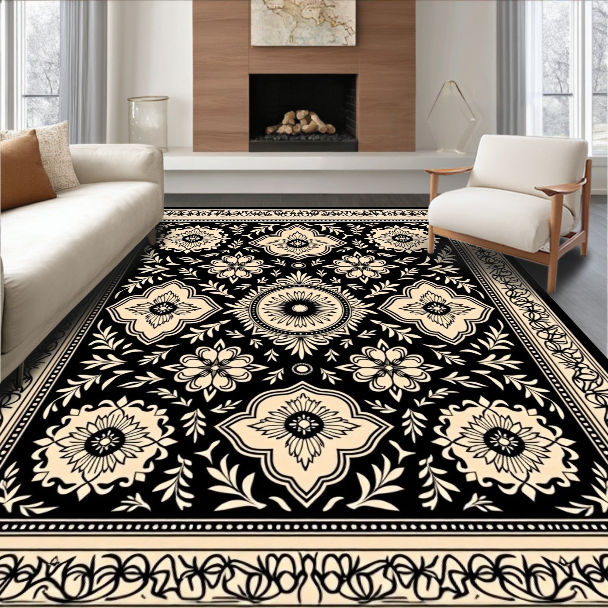 Classic Black Beige Floral Medallion Rug