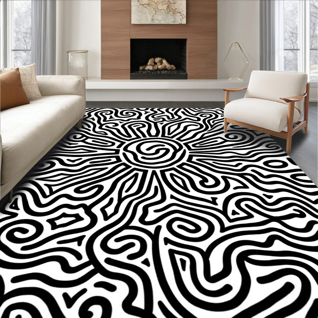 Black White Sun Rays Swirl Pattern Rug