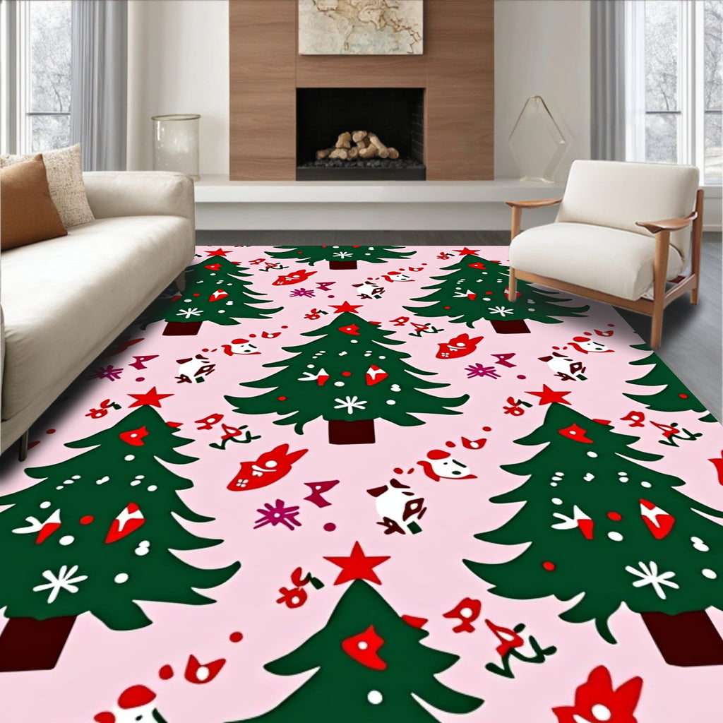 Festive Green Trees Red Accents Holiday Rug