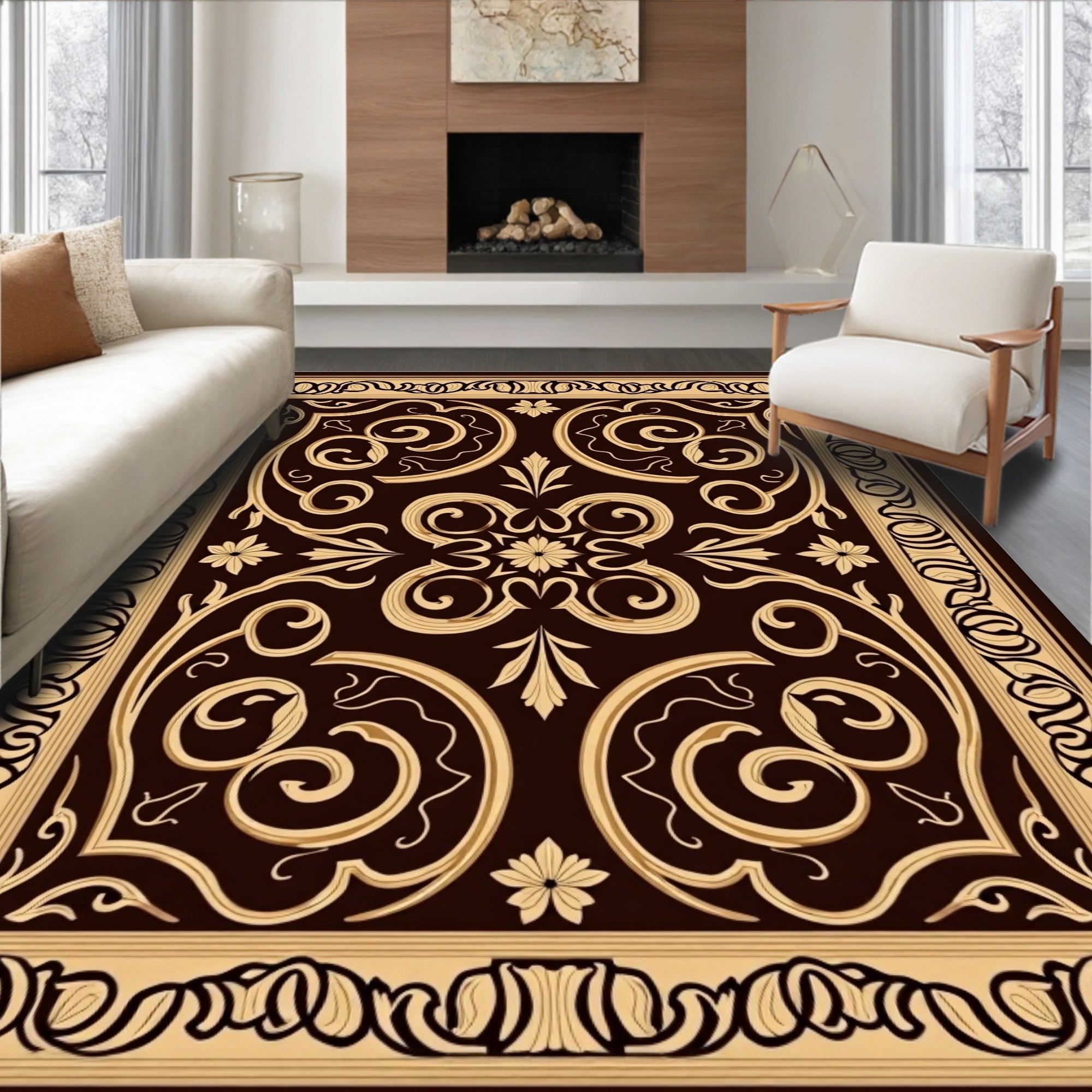 Intricate Floral Scrollwork Brown Rug