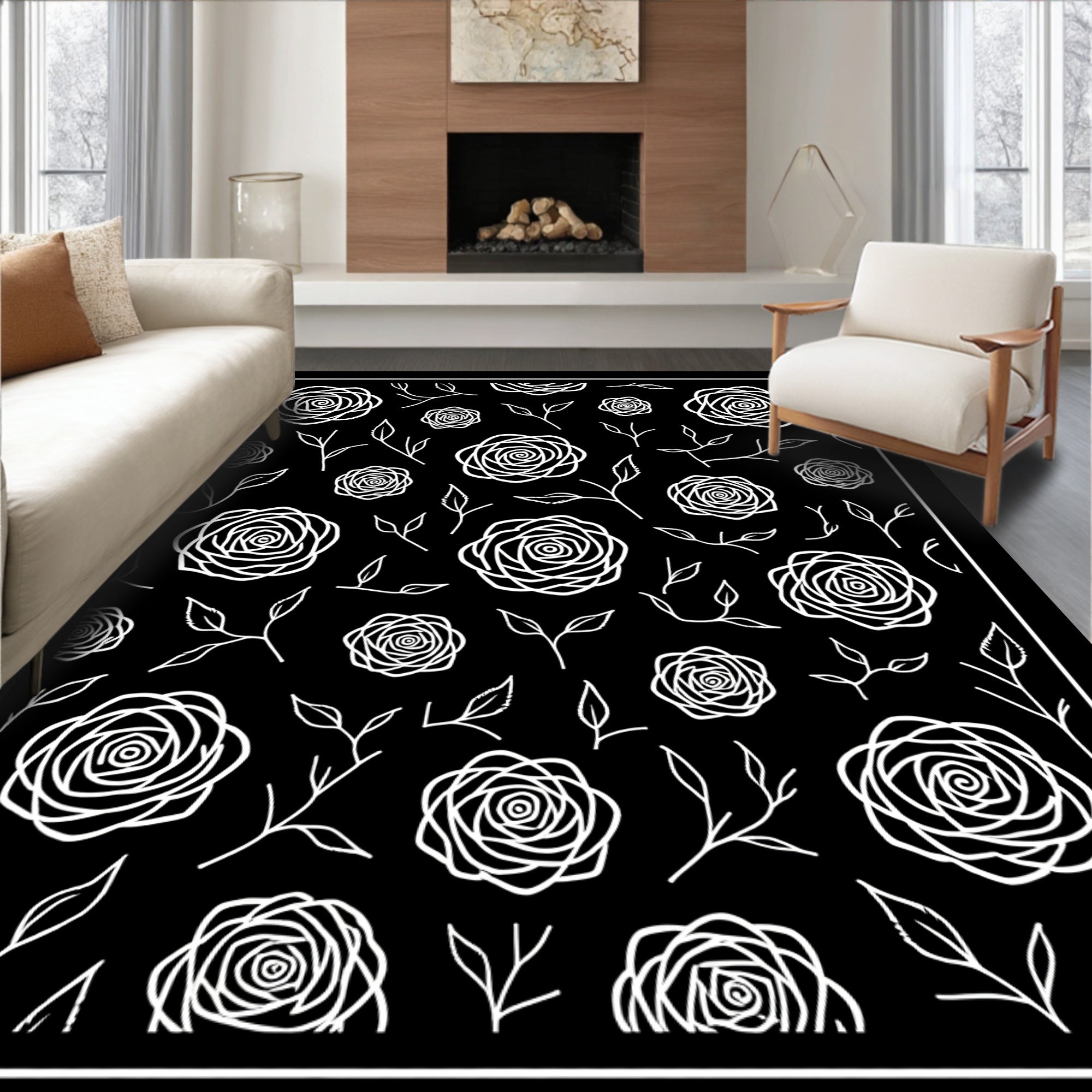 Delicate White Rose Vine Pattern Rug