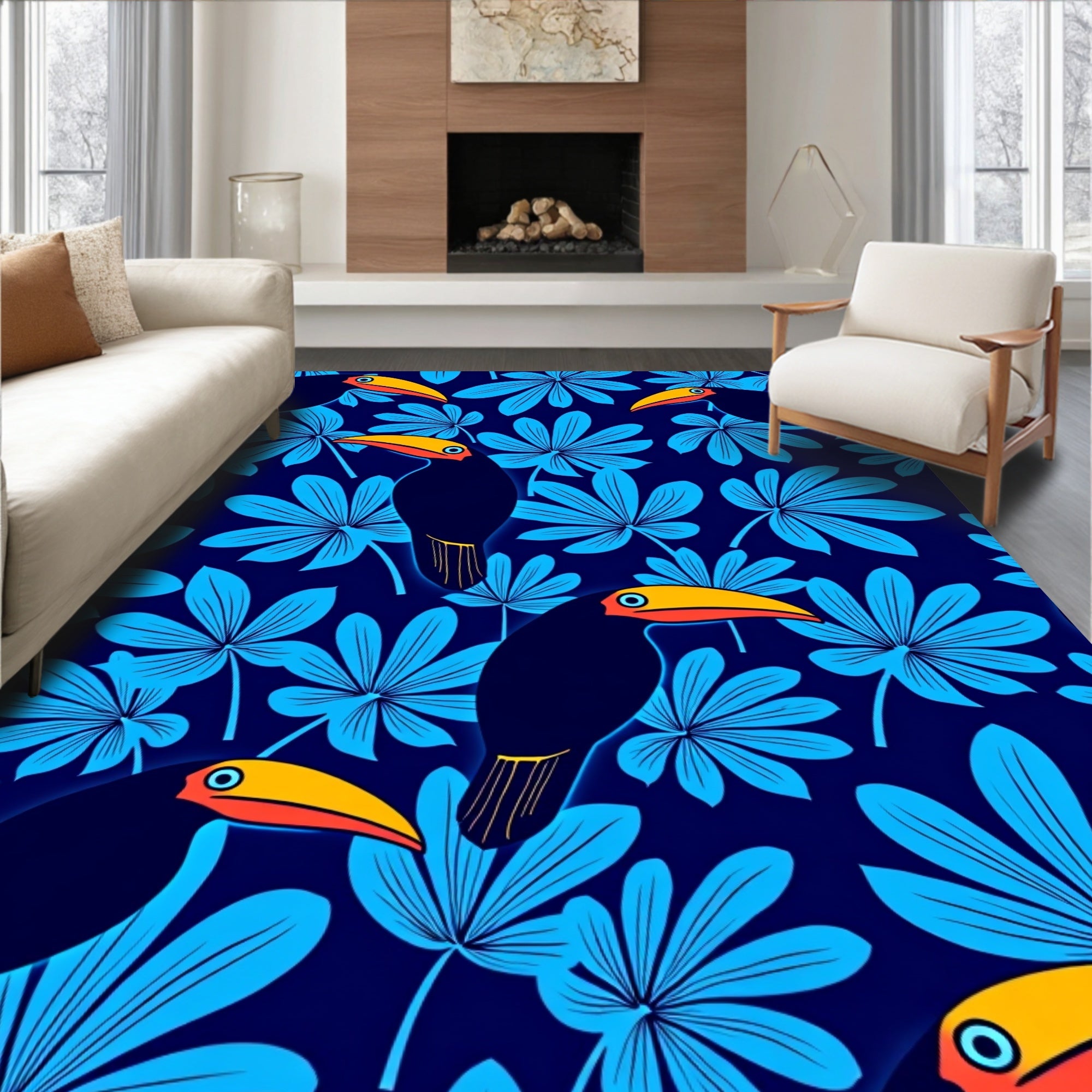 Tropical Toucan Leaf Print Rug