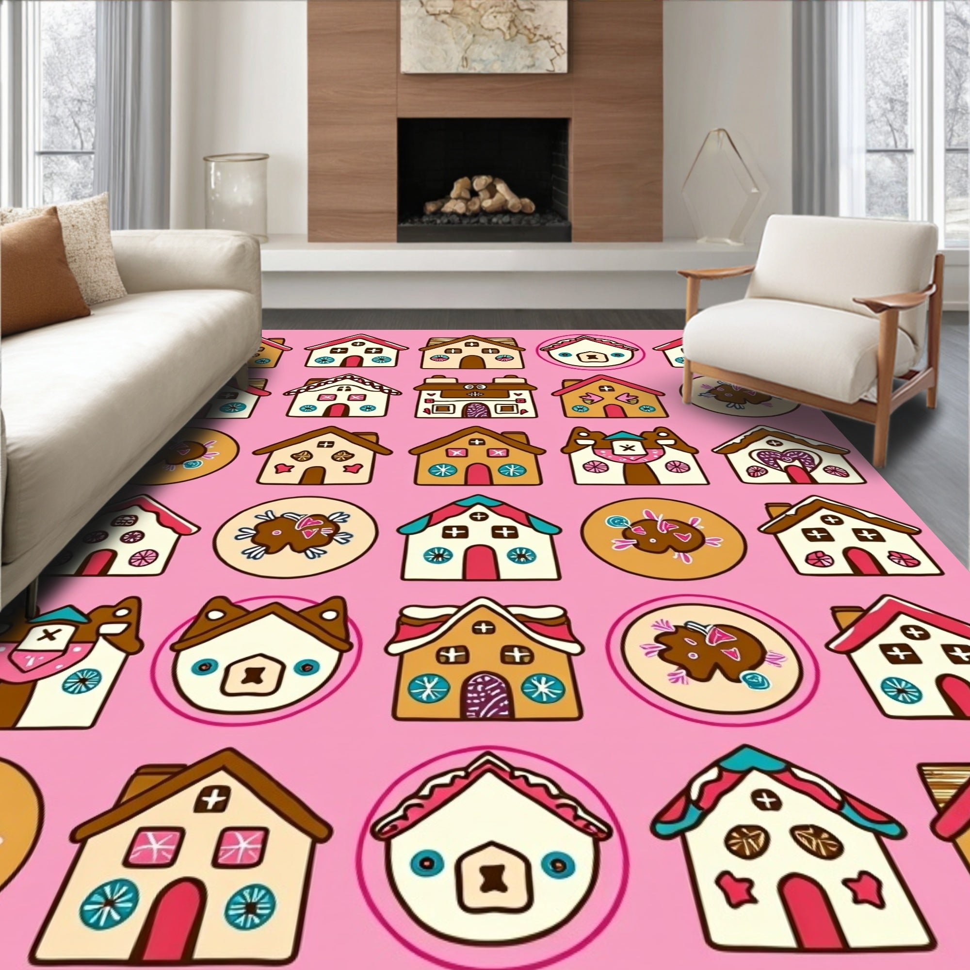 Whimsical Gingerbread Houses Collection Pink Rug