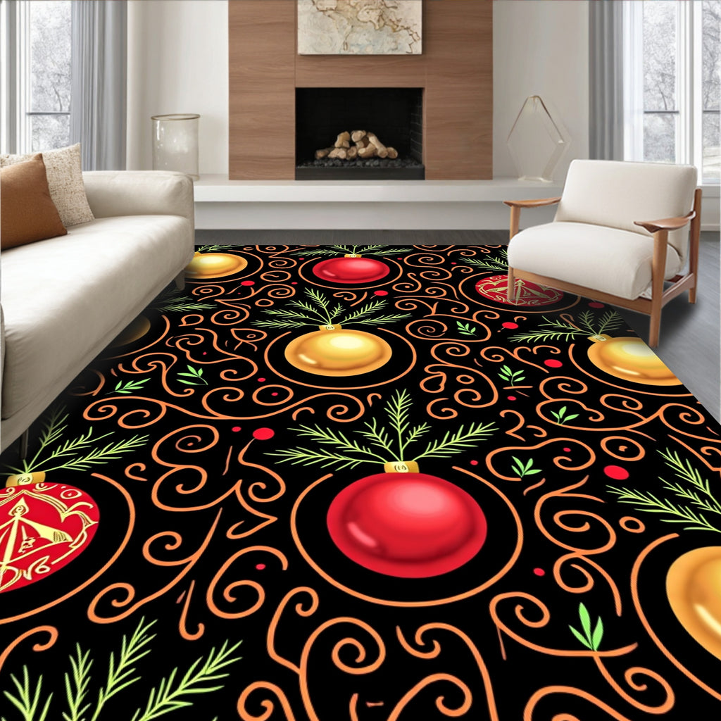 Festive Red Gold Ornaments Swirls Rug