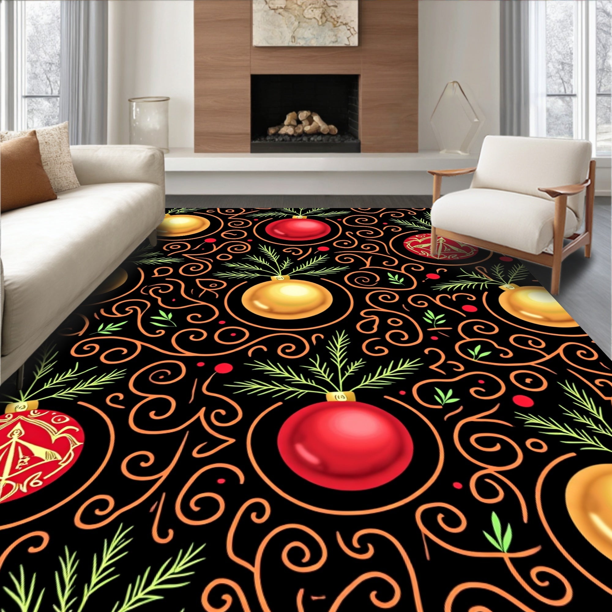 Festive Red Gold Ornaments Swirls Rug